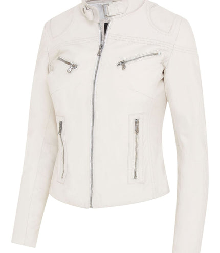 Womens Slim-Fit Leather Biker Jacket-Maldon - White