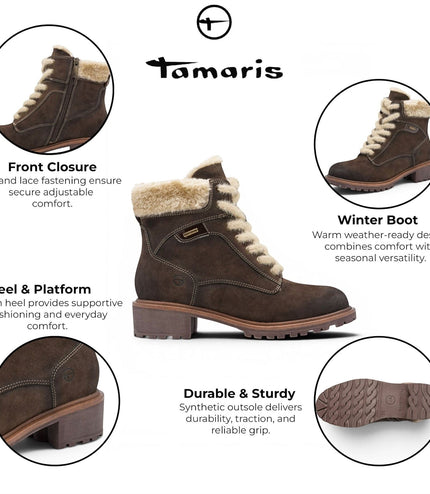Tamaris Women’s Brown Warm Lace-Up Winter Outdoor Ankle Boots - 26266-43