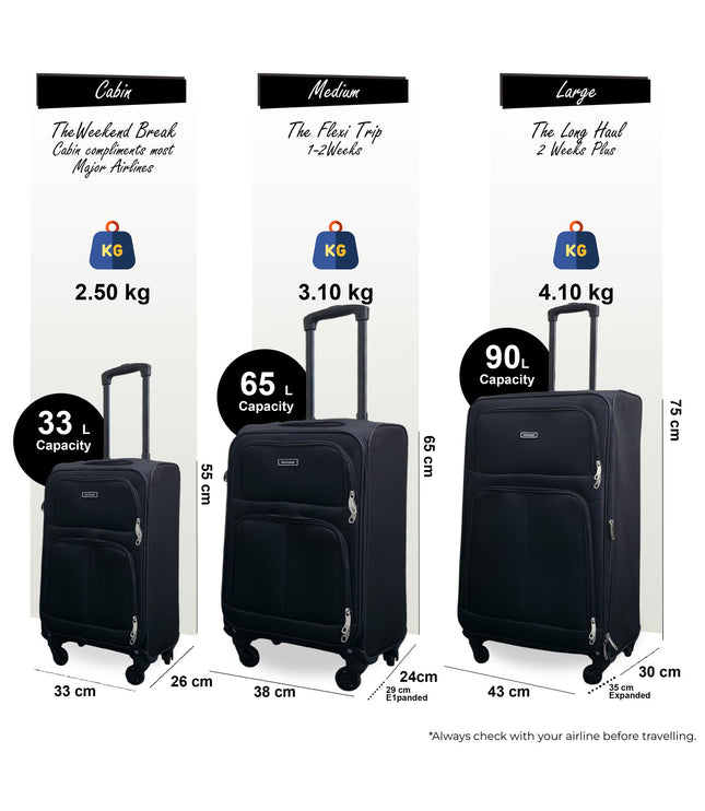 Tahara Set of 3 Soft Shell Suitcase in Black