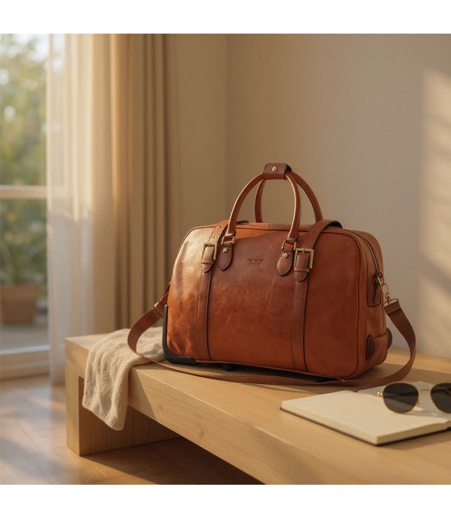 Genuine Leather Tan Wheeled Holdall Duffle Travel Cabin Bag - Holt