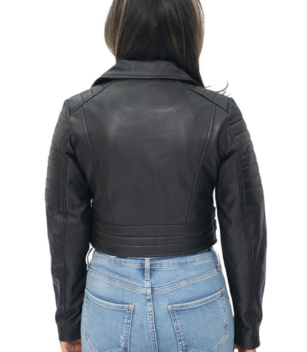 Womens Cropped Brando Leather Biker Jacket-Damascus - Burgundy