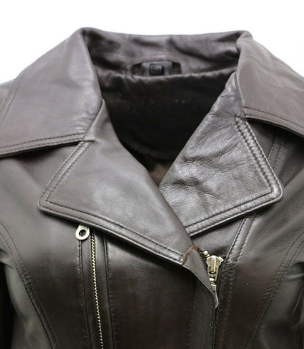 Womens Leather Long Biker Jacket-Muscat - Brown
