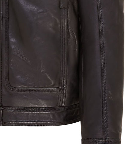 Mens Leather Jacket Trucker Removable Sheepskin Collar Casual Jacket - Black