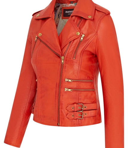 Womens Leather Brando Biker Jacket-Orlando - Orange