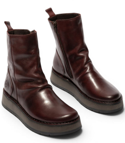 Fly London Womens Wine Leather Zip Up Platform Ankle Boots - RENO053FLY