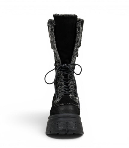 Windsorsmith Women's Black Suede Leather Platform Combat Fur Boots - Saintly