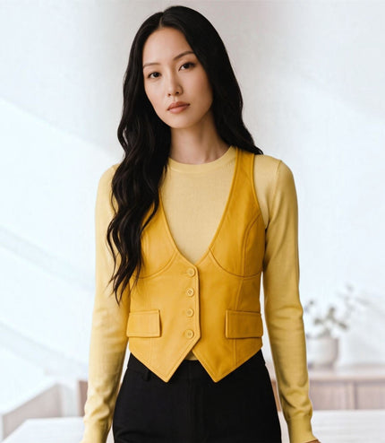 Womens Yellow Leather Waistcoat Biker Vest - MAM-WC