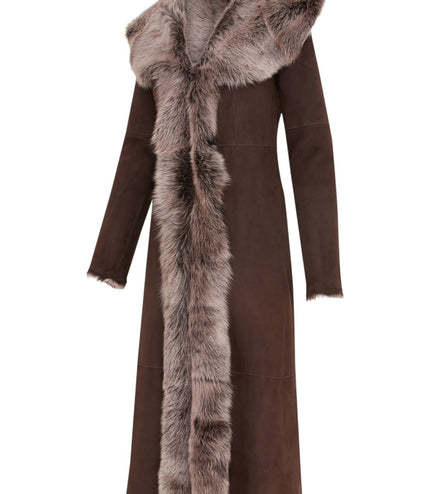 Womens Suede Toscana Sheepskin Hooded Trench Coat-Rushden - Brown Silver