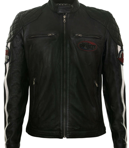 Men's Classic Striped Racing Leather Jacket- Barcelona - Black