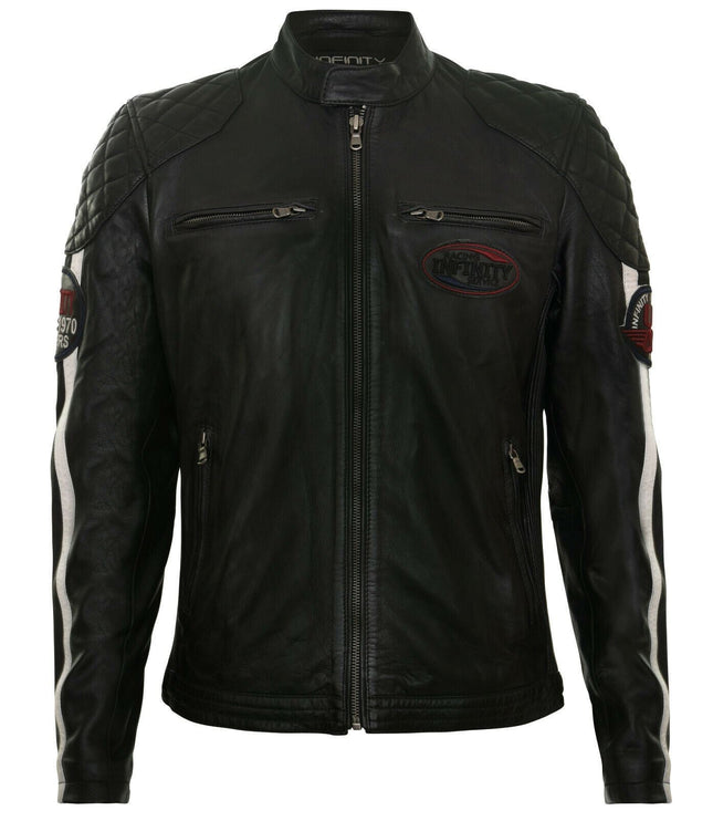 Men's Classic Striped Racing Leather Jacket- Barcelona - Black