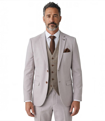Mens Stone Suit with Harris Brown Tweed Waistcoat Wedding Suit - Mayfair