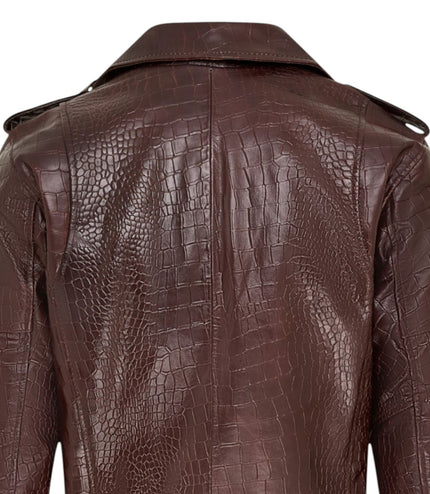 Mens Brown Cow Leather Alligator Print Embossed Biker Jacket - Rot