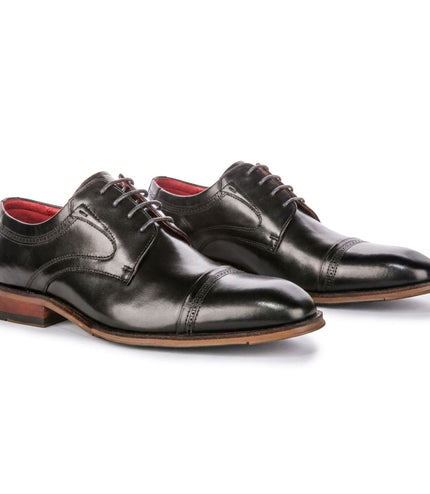 Justin Reess Men's Polished Black Leather Cap Toe Derby Shoes - Everett