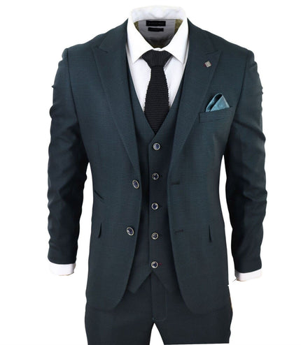 Mens Olive Green 3 Piece Check Tailored Fit Suit