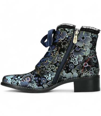 Laura Vita Emcmao-45 Blue Floral Womens Gothic Victorian Leather Ankle Heeled Boots