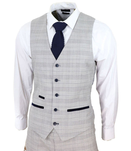 Mens Grey 3 Piece Tan Brown Check Tailored Fit Suit
