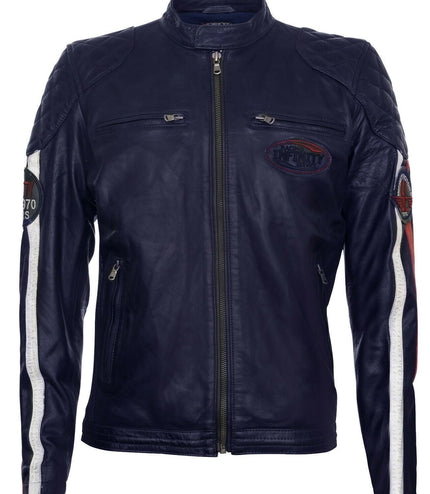 Men's Classic Striped Racing Leather Jacket- Barcelona - Navy