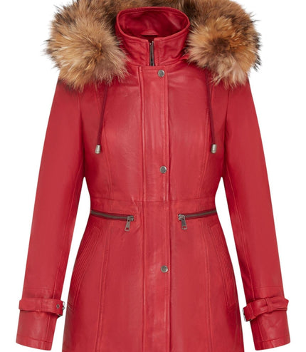 Womens Warm Leather Hooded Parka Jacket-Northwich - Red