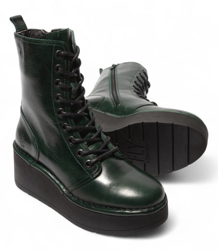 Fly London Womens Petrol Green Hait273 Leather Lace-Up Chunky Platform Ankle Boots