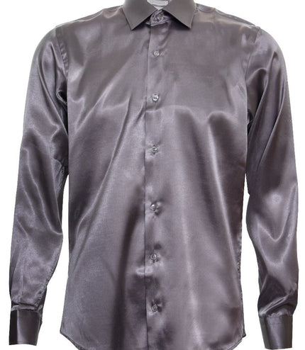 Mens Silver Satin Silk Shirt Smart Casual Button Down Cuff Tailored Fit