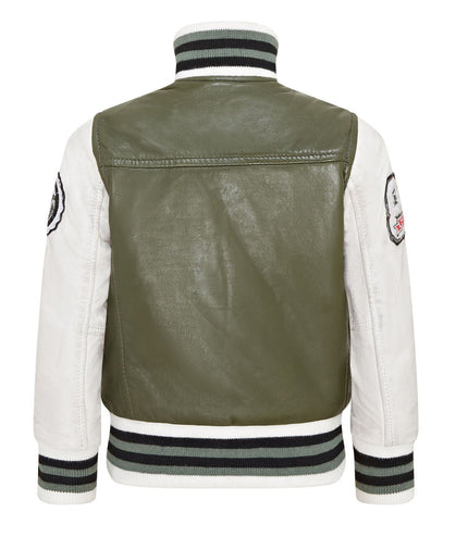 Kids Green Letterman Leather Varsity College Bomber Jacket
