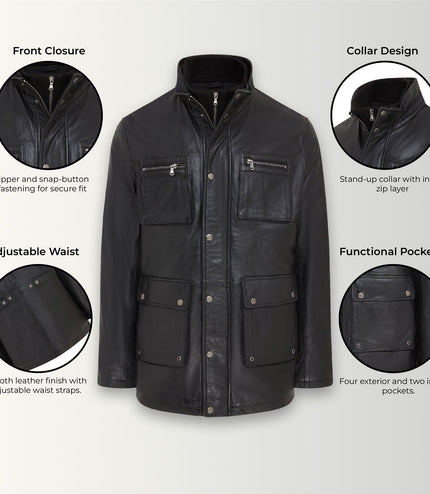Men's Leather Military Jacket Outwear Trenchcoat - Field - Black