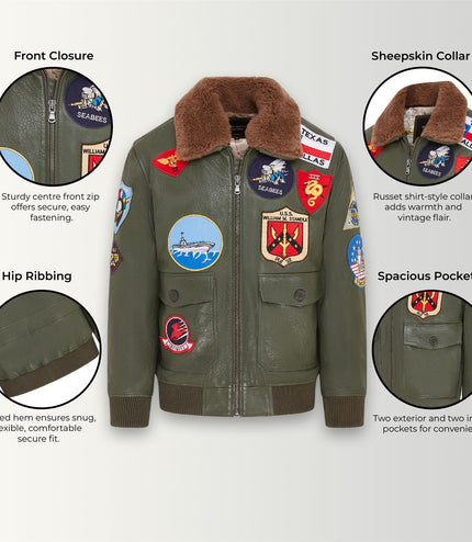Mens A2 Top Gun Leather Bomber Jacket-Camborne - Green