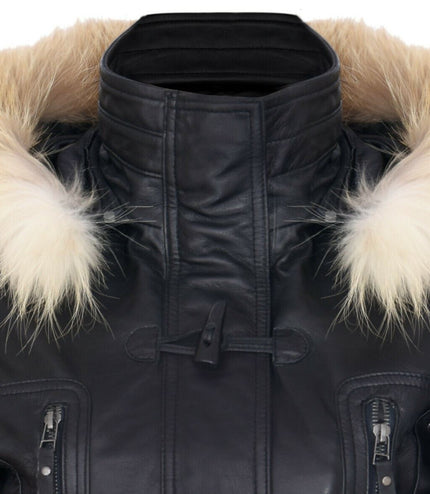 Womens Quilted Leather Parka Jacket-Brussels - Black
