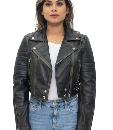 Womens Cropped Brando Leather Biker Jacket-Damascus - Silver
