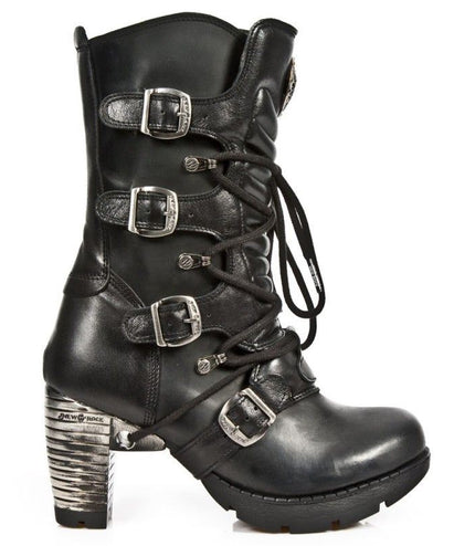 New Rock Tr003-S1 women's black leather gothic boots with 9cm metallic high heel