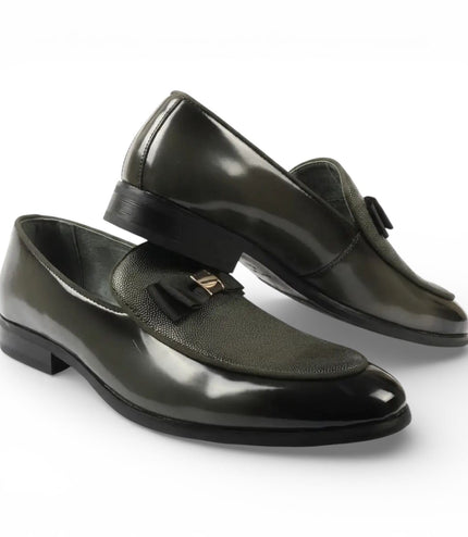 Mens Olive Green Textured Front Iconic Buckle Bow Loafers Shoes