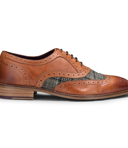 Mens Classic Oxford Tan Leather Gatsby Brogue Shoes With Tweed