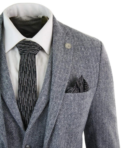 Men's 3 Piece Grey Herringbone Tweed Suit
