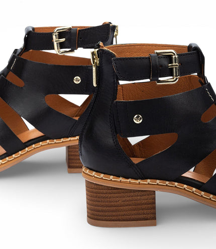 Pikolinos Women's Black Leather Block-Heel Gladiator Sandals - Blanes