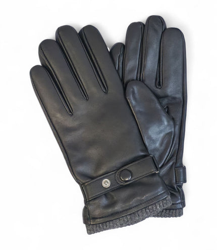 Men's Black Italian Leather Warm Wool Lining Winter Knit Rib Gloves - M-LGV-105