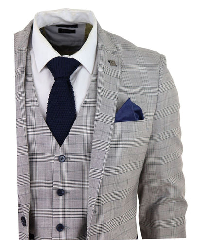 Mens Grey 3 Piece Tan Brown Check Tailored Fit Suit