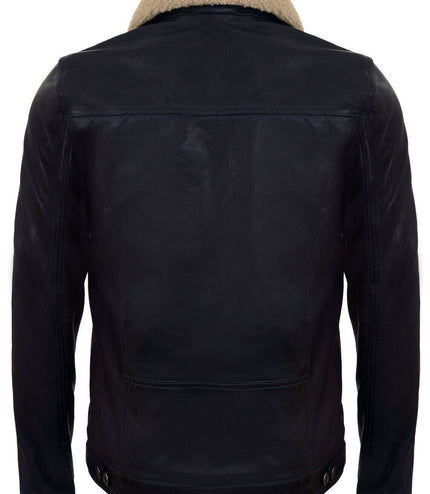 Mens Removable Collar Leather Trucker Jacket-Zagreb - Navy