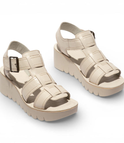 Fly London Women's YUDD236FLY Off White Leather Wedge Sandals