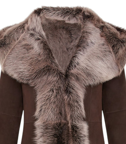 Womens Suede Toscana Sheepskin Hooded Trench Coat-Rushden - Brown Silver