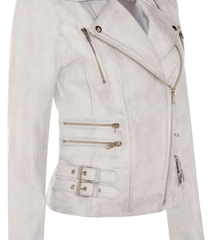 Womens Leather Brando Biker Jacket-Orlando - White