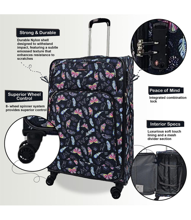 Ashbourne Set of 3 Soft Shell Suitcase in Butterfly