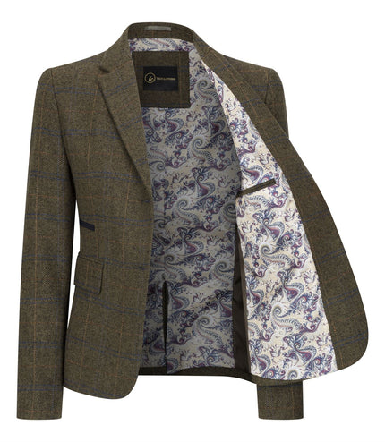 Women's Olive 2 Piece Set Tweed Blazer Waistcoat in Herringbone Check