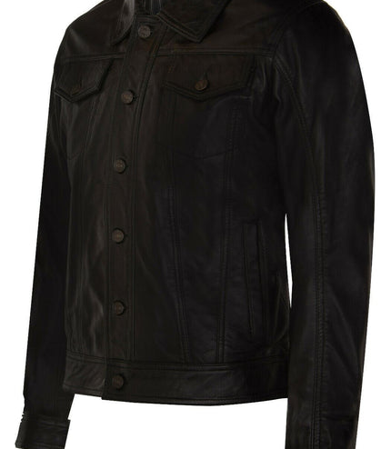 Men's Retro Leather Trucker Jacket-Constantine - Black