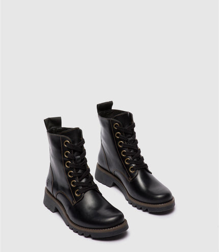 Fly London Womens Black Ragi539 Casual Rug Leather Lace-Up Ankle Boots