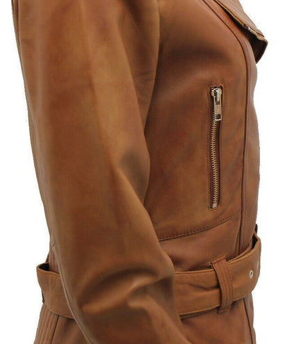 Womens Long Leather Biker Jacket-Quito - Tan