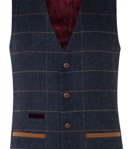 Mens 3 Piece Navy Blue Herringbone Check Vintage Suit