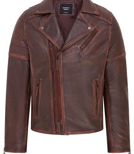 Mens Slim Fit Brando Style Double Cross Zip 100% Leather Biker Jacket - Brown