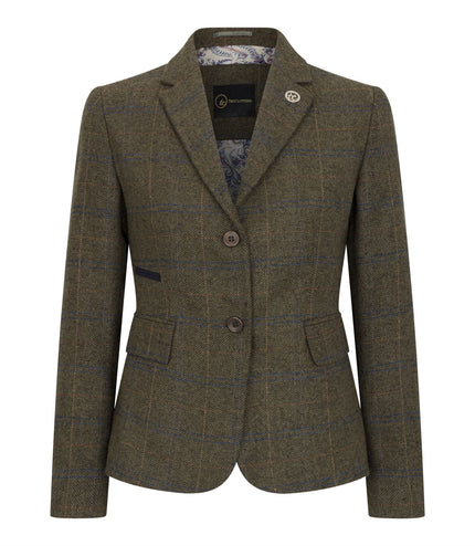 Women's Olive 2 Piece Set Tweed Blazer Waistcoat in Herringbone Check