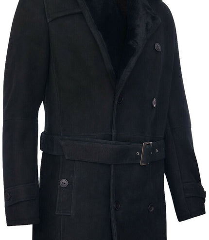 Mens Shearling Sheepskin Suede Pea Coat-Cali - Black