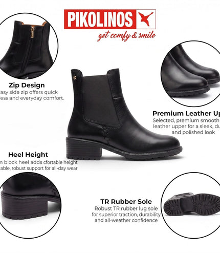 Pikolinos Women's Black Leather Chelsea Heeled Ankle Boots - Medina